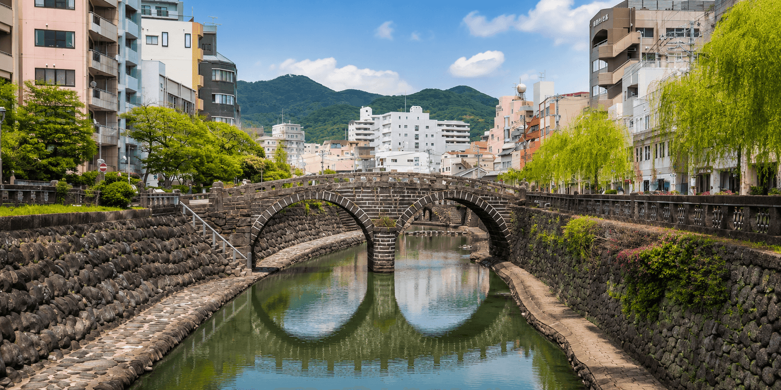Double stone arches of Meganebashi Bridge reflected in the Nakashima River in central Nagasaki