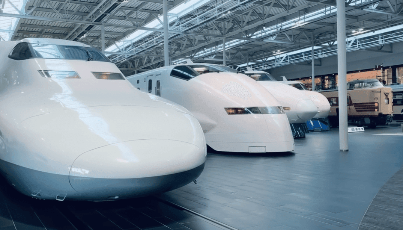 Retired Shinkansen and maglev train cars on display at the SCMAGLEV and Railway Park in Minato-ku, Nagoya