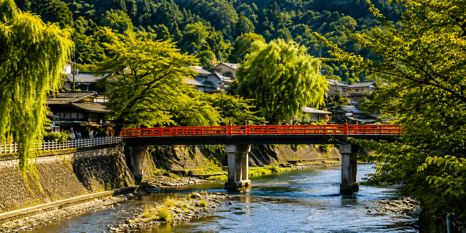 Nakabashi Bridge's red-lacquered railings spanning the Miyagawa River in Takayama, Gifu Prefecture