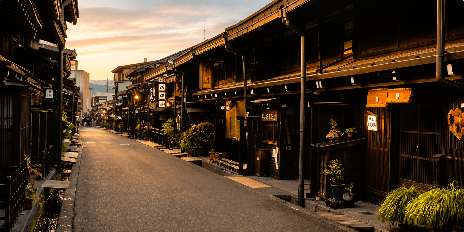 Dark-wood merchant houses with sugidama cedar balls lining a street in Takayama Old Town