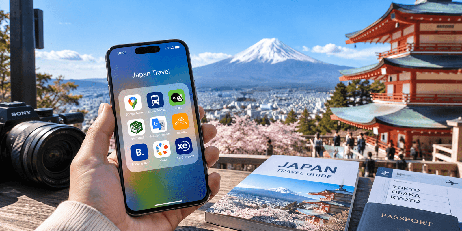 Traveler holding a smartphone with a folder of Japan travel apps, Mount Fuji and a pagoda in the background