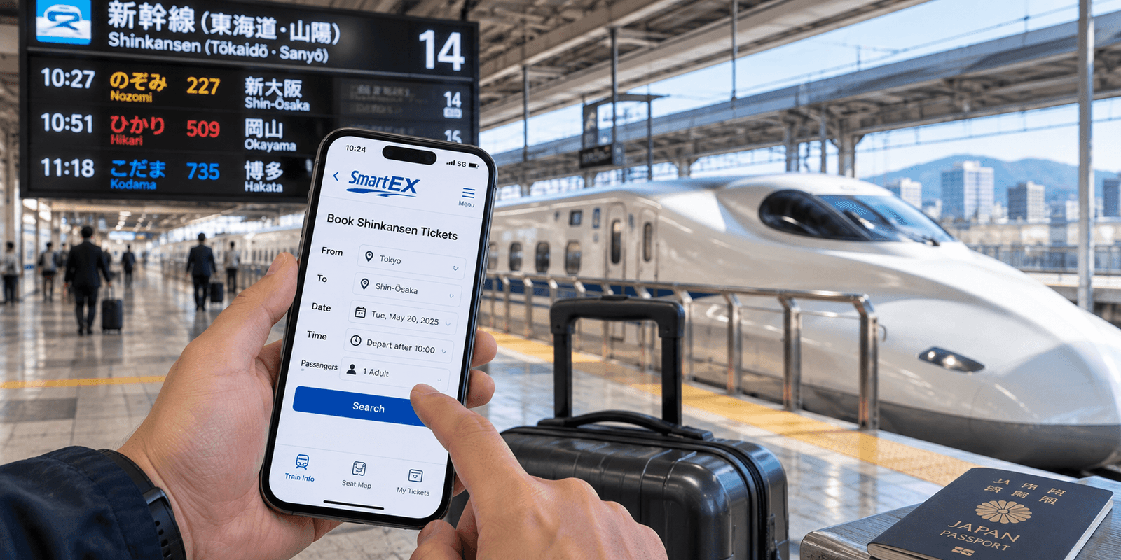 Traveler booking a Shinkansen ticket on a smartphone app on a station platform, with a suitcase, passport and bullet train beside them