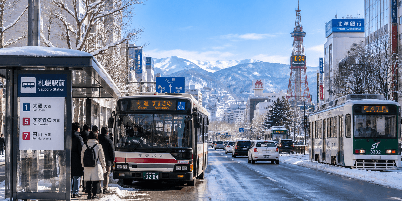 A snowy street at a Sapporo Station bus stop with a Hokkaido Chuo Bus and the Sapporo Streetcar, the Sapporo TV Tower visible in the background