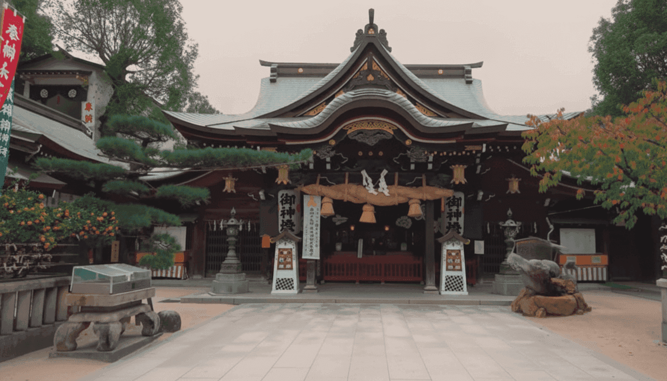 Kushida Shrine traditional gate and grounds in Hakata