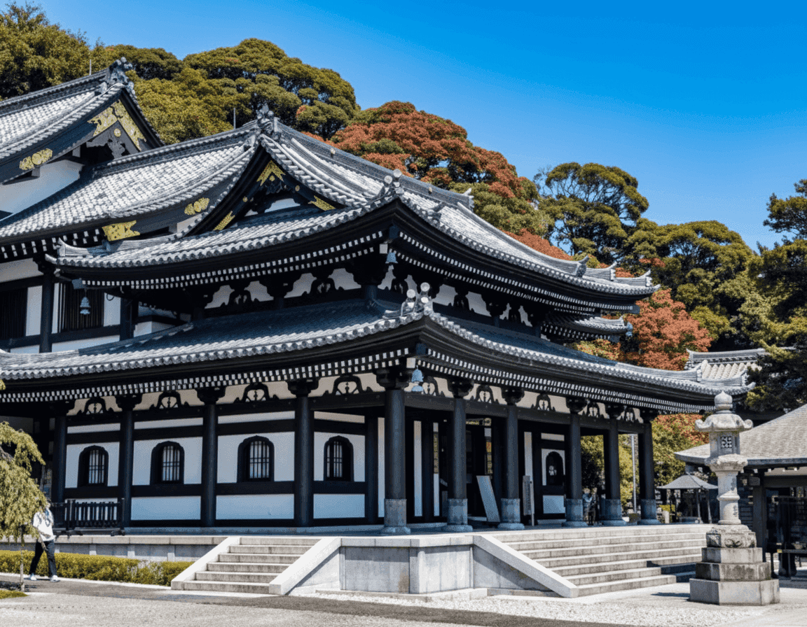 Temple hall at Hasedera in Kamakura framed by autumn foliage