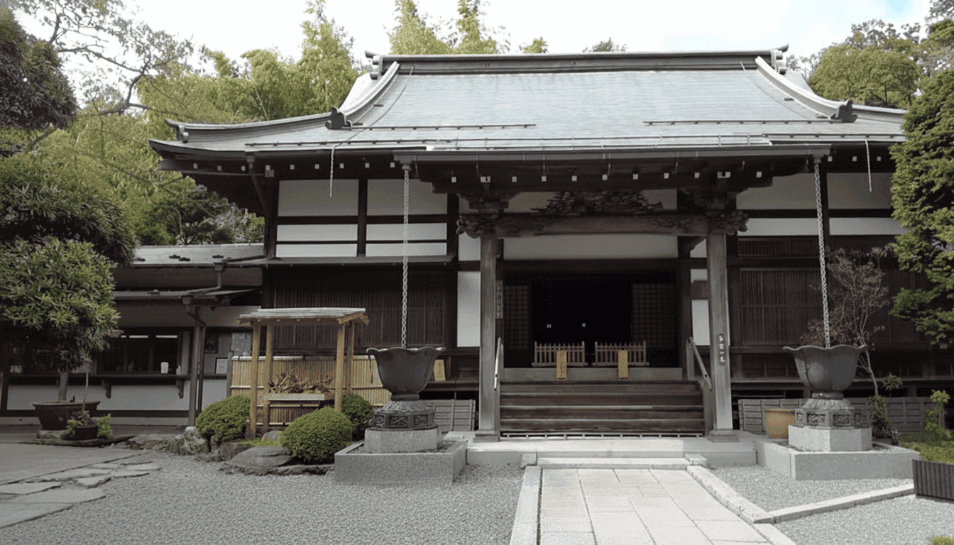 Temple hall with a gabled roof above a gravel forecourt