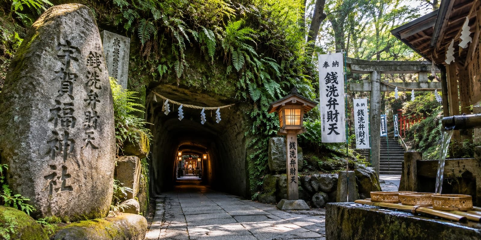 Rock-cut tunnel entrance and money-washing basins at Zeniarai Benten Shrine in Kamakura