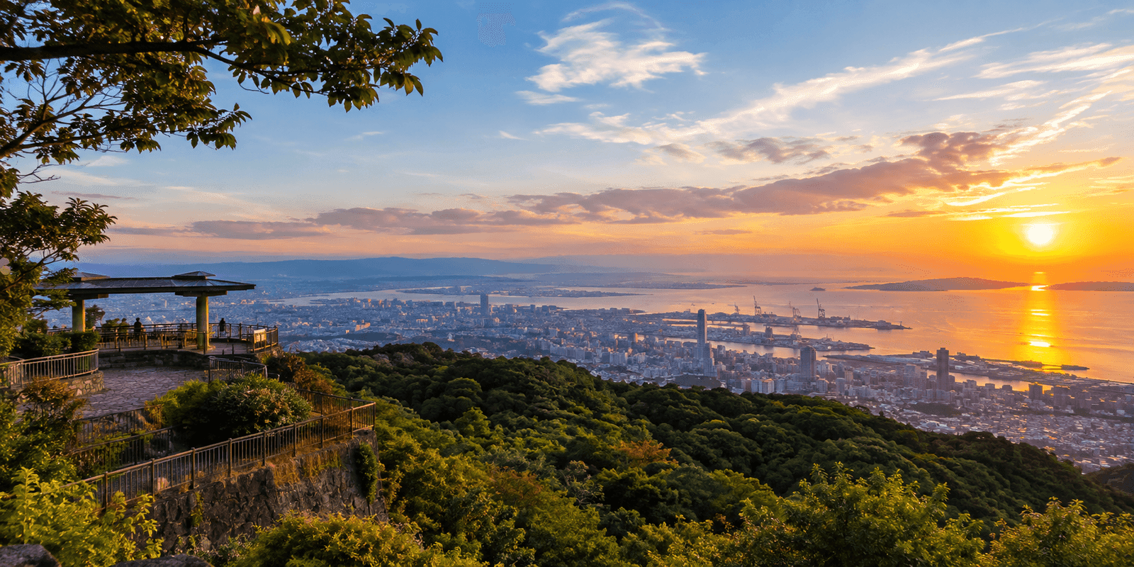 Sunset panorama of Kobe and Osaka Bay from the Kikuseidai observation platform on Mt. Maya