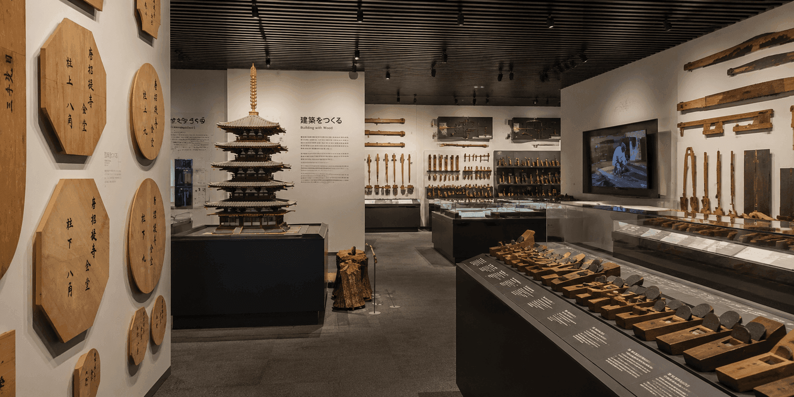 Reconstructed five-story pagoda model and wall displays of traditional Japanese carpentry tools inside the Takenaka Carpentry Tools Museum