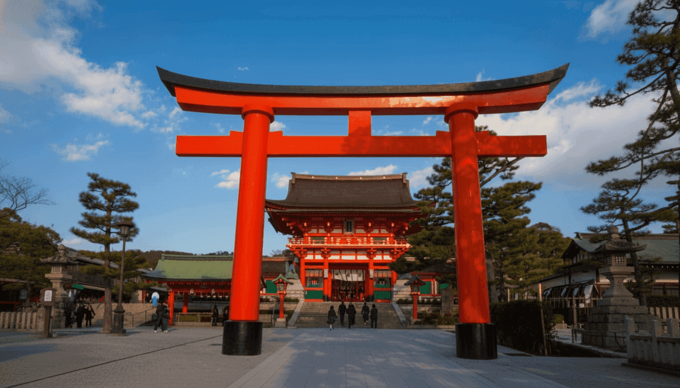 The great vermilion torii in front of the Romon Gate at Fushimi Inari Taisha, Kyoto
