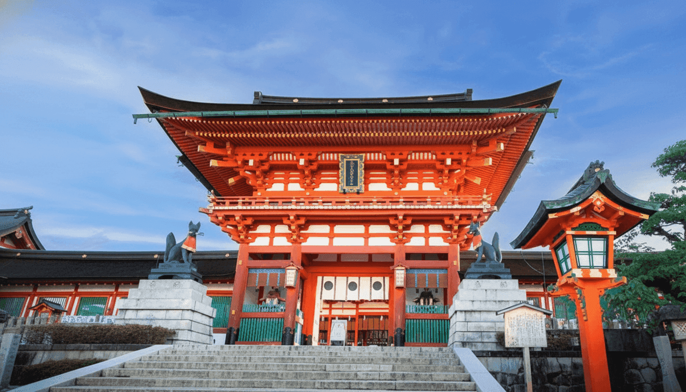 The Romon Gate of Fushimi Inari Taisha, guarded by a pair of stone fox statues