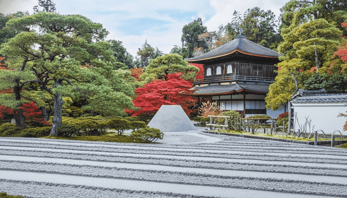 The raked white sand of the Ginshadan and the flat-topped Kogetsudai cone in front of the Silver Pavilion, with red autumn maples