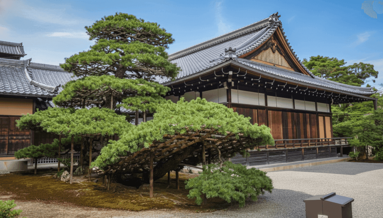 The Rikushu Pine at Kinkaku-ji, trained into a long, low shape on wooden props, beside the Hojo main hall