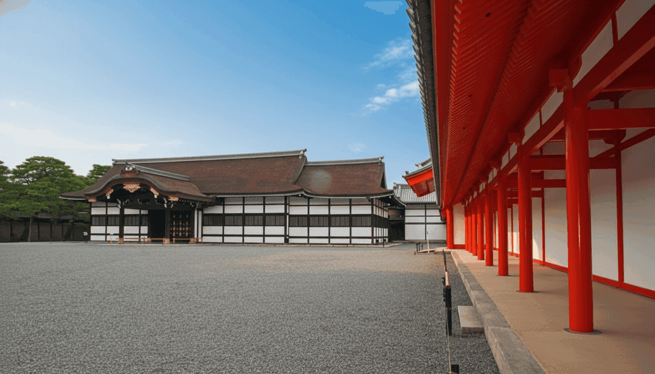 A vermilion roofed corridor beside a white gravel courtyard at the Kyoto Imperial Palace, with a gabled hall beyond