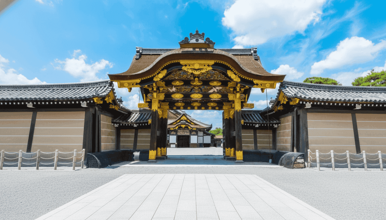 The Karamon gate of Nijo Castle, with gold ornament under a curved roof, seen straight on from the paved approach