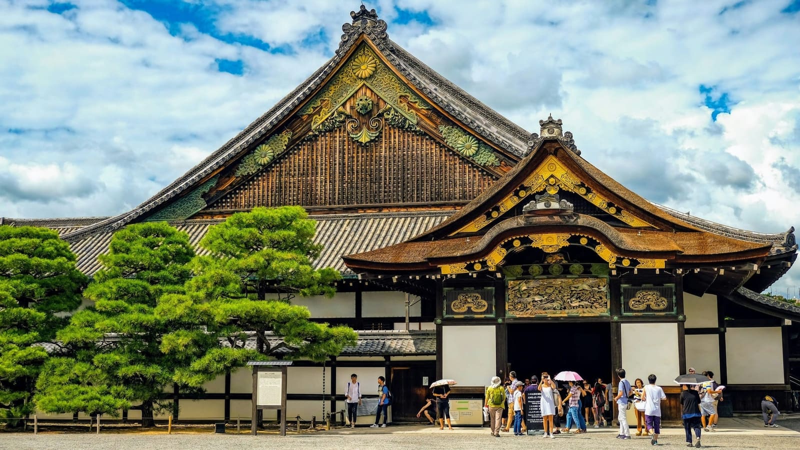 The Ninomaru Palace entrance porch with its gilded gable carvings