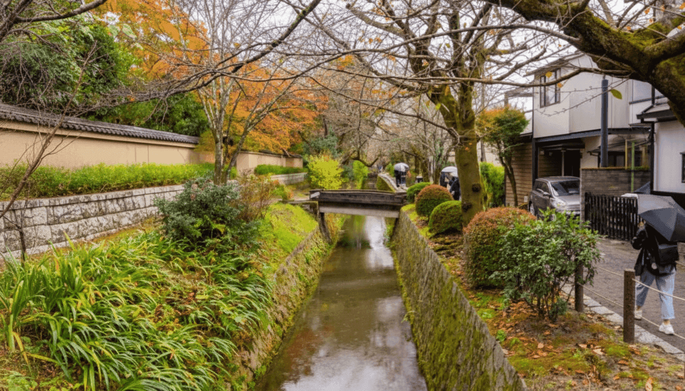 Autumn leaves and walkers with umbrellas beside the canal and a small bridge on the Philosopher's Path on a rainy day