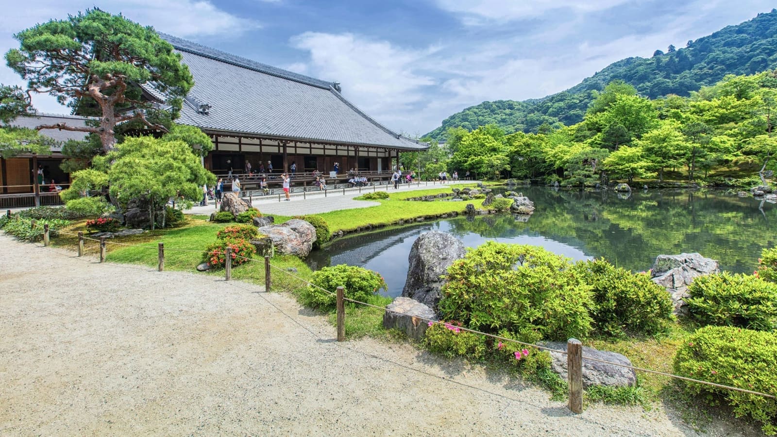Tenryu-ji's Sogenchi pond garden in early summer, with the Hojo veranda on the left and the wooded Arashiyama hills behind