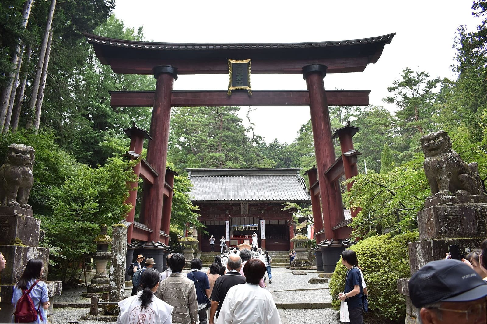Large vermilion torii gate at Kitaguchi Hongu Fuji Sengen Shrine, with visitors walking toward the oratory among tall cedars