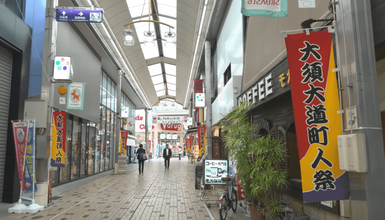 Nio-mon gate approach to Osu Kannon Temple lined with shops in Nagoya