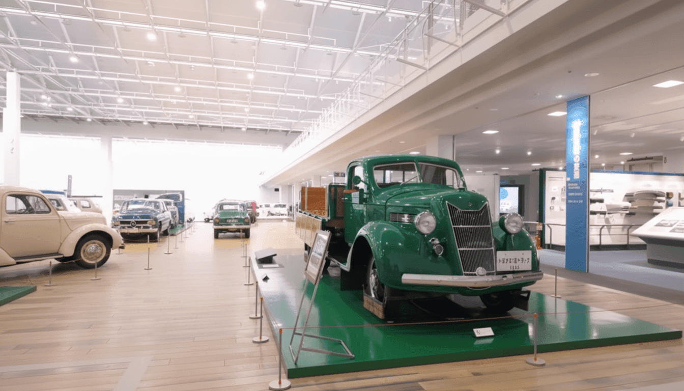 Historic automatic loom on display in the Textile Machinery Hall at the Toyota Commemorative Museum