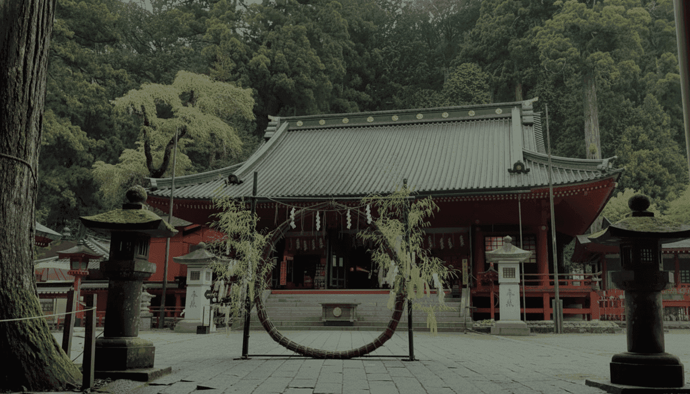 Vermilion shrine buildings among cedar trees at Nikko Futarasan Shrine