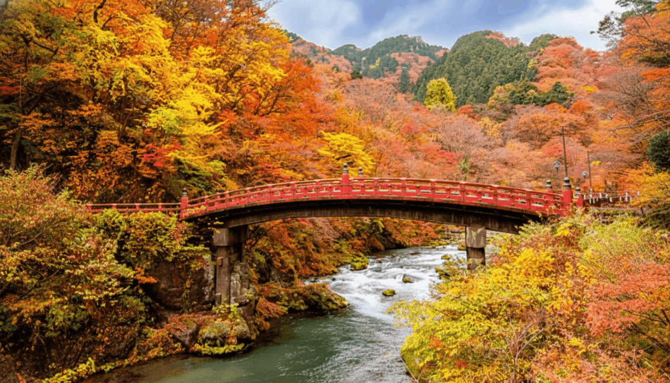The vermilion Shinkyo Bridge spanning the Daiya River