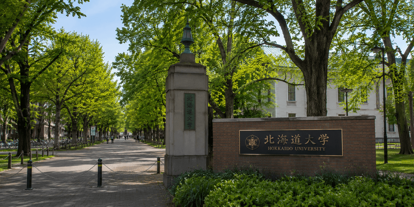 Main Gate stone pillar and brick sign for Hokkaido University with a tree-lined avenue in Sapporo Japan