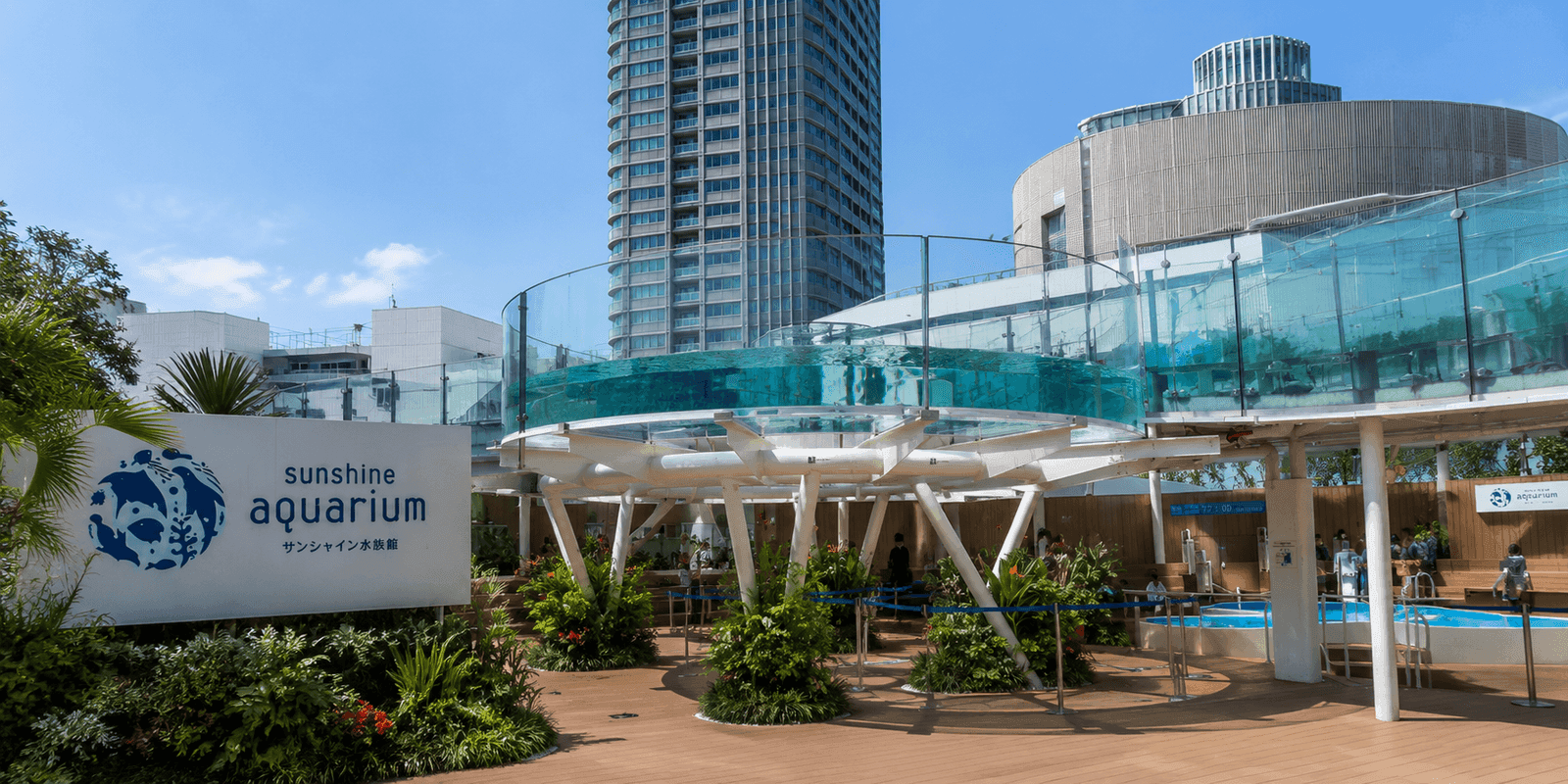 Rooftop Sunshine Aqua Ring tank at Sunshine Aquarium in Ikebukuro, Tokyo, Japan, with penguins swimming overhead against the skyline