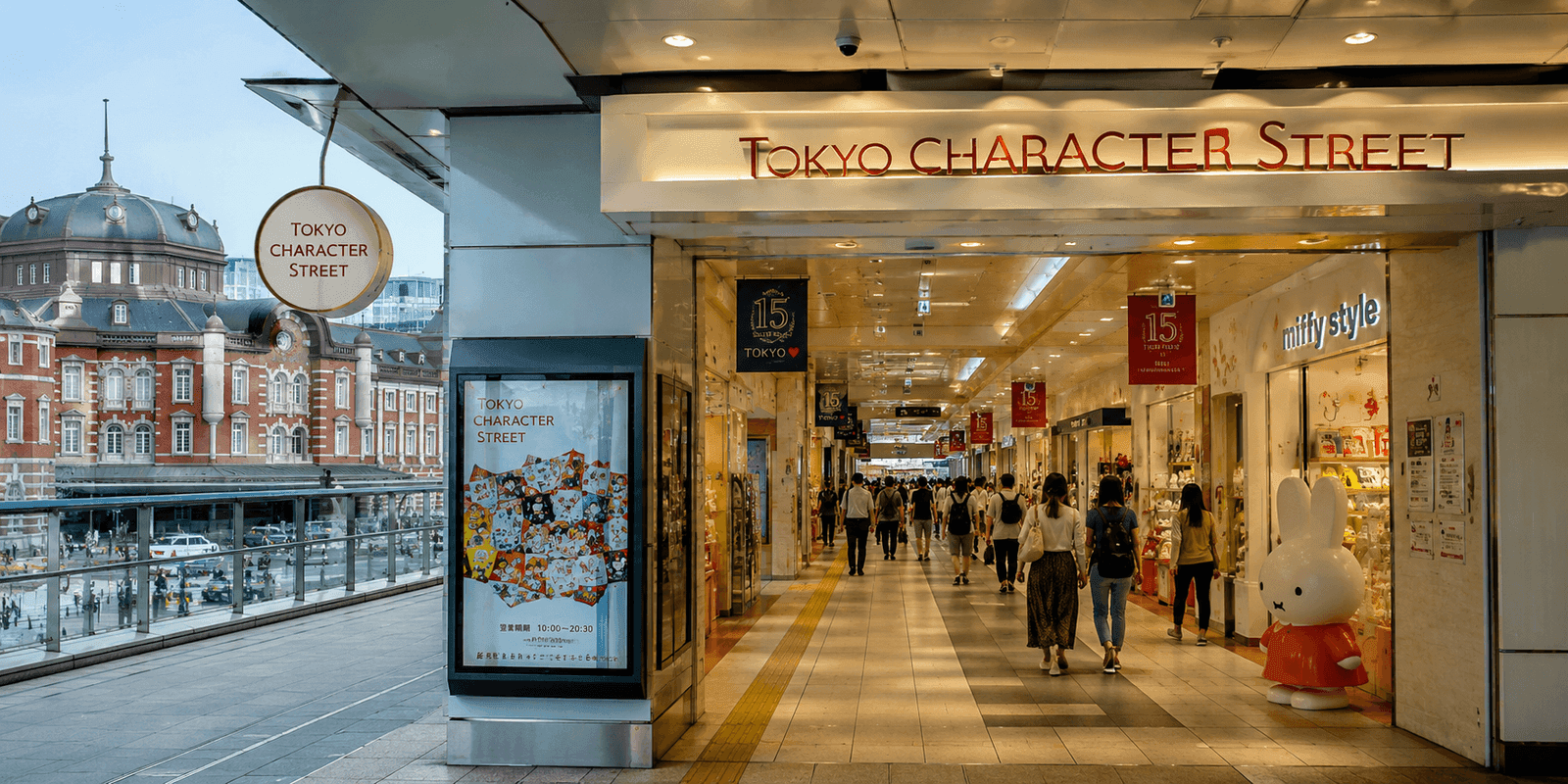 Shop-lined corridor of Tokyo Character Street inside Tokyo Station, with a Miffy store display and Tokyo Station's Marunouchi building visible through the window