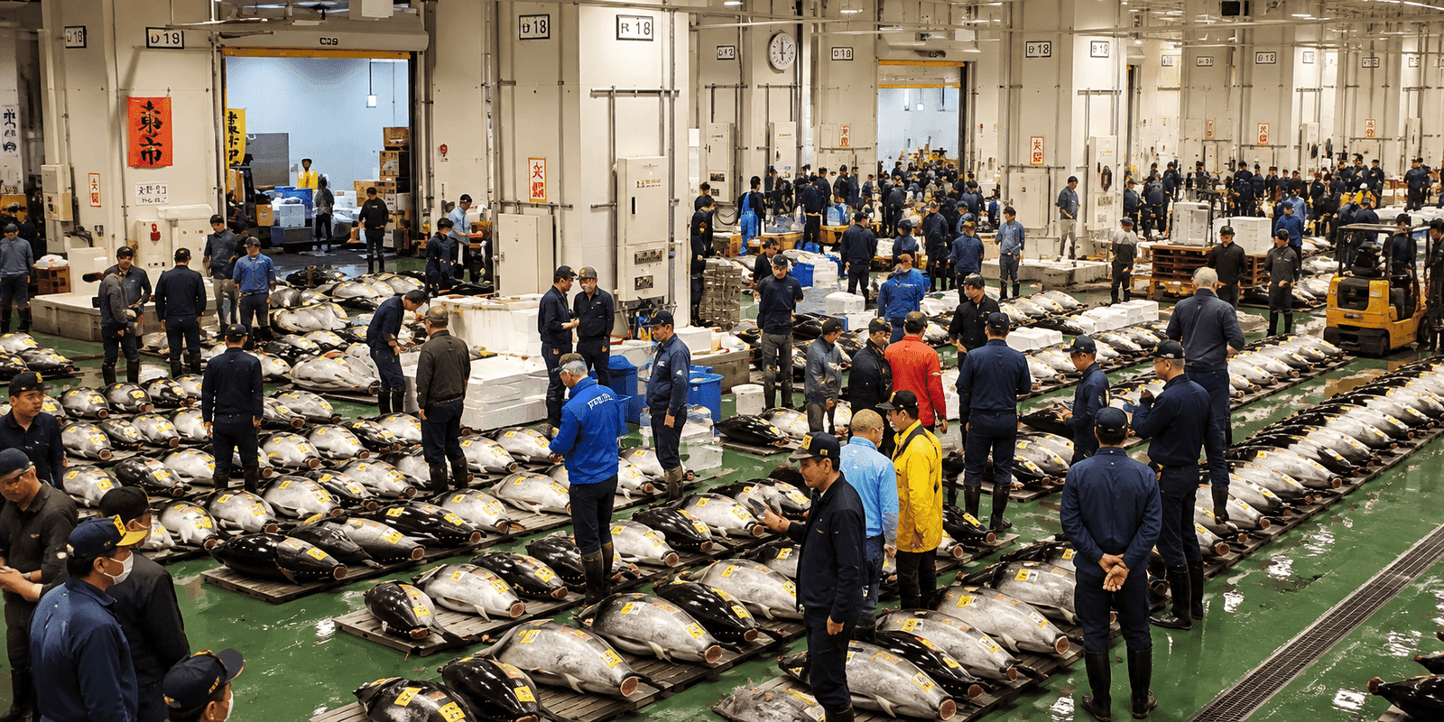 Toyosu Market fisheries wholesale building with the tuna auction viewing corridor, Koto, Tokyo, Japan