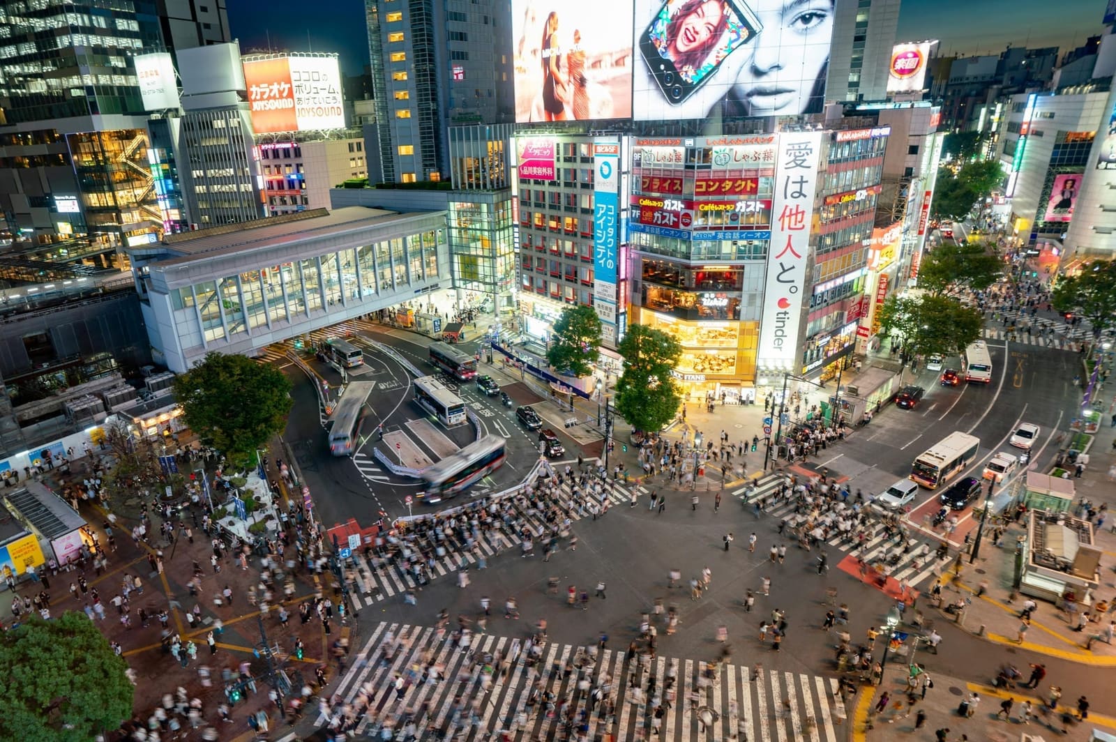 Shibuya Crossing - world's busiest pedestrian scramble crossing at night, Tokyo, Japan