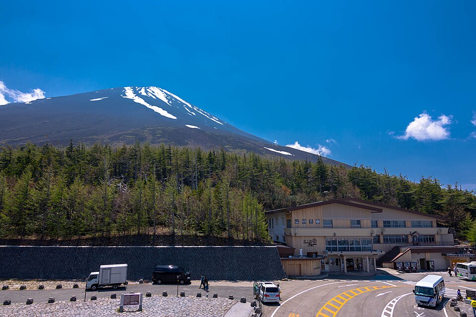 Buildings and parking area at the Fuji Subaru Line 5th Station below the upper slopes of Mount Fuji